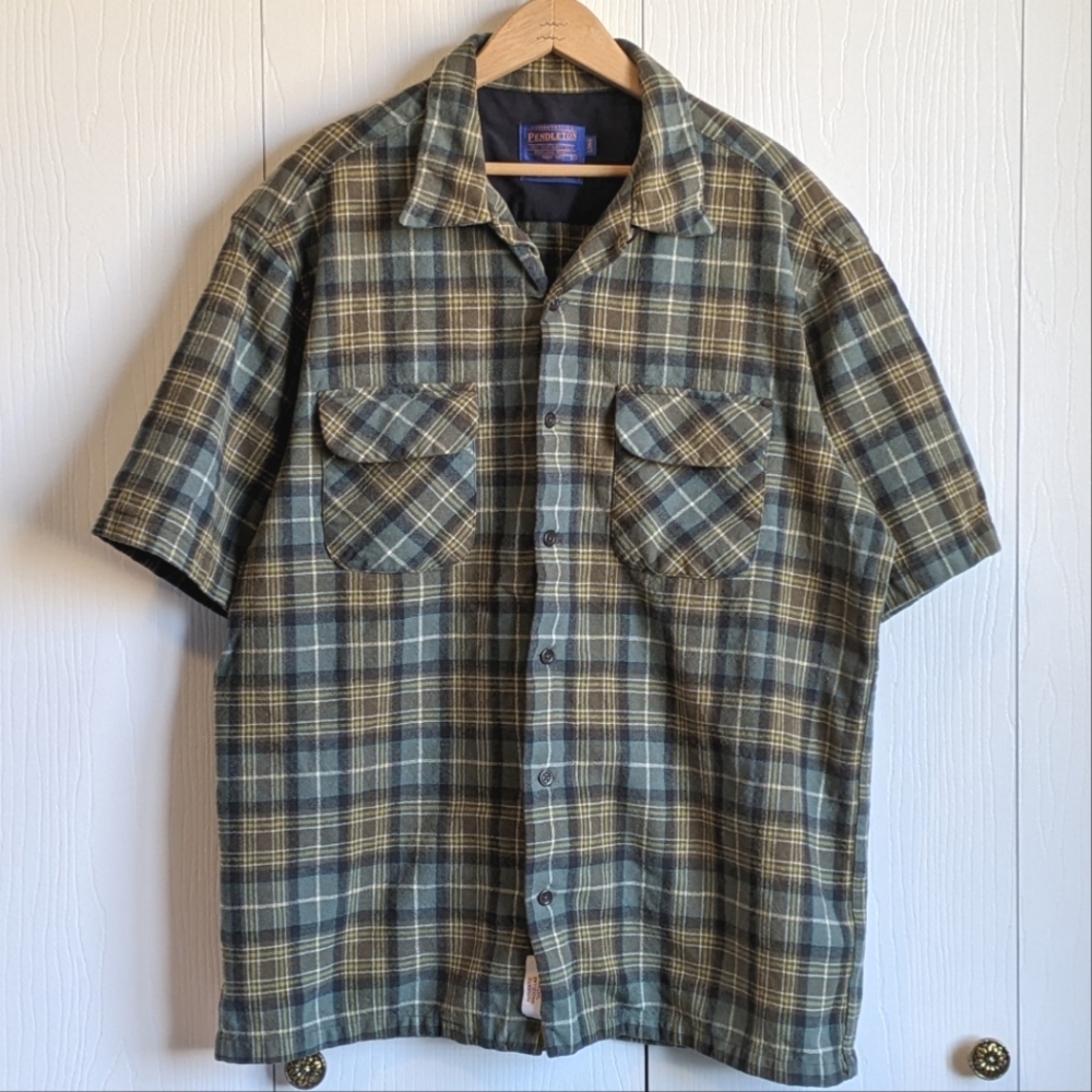 Pendleton Men's Short Sleeve Board Shirt Virgin Wool Plaid Sz XL Long Tartan